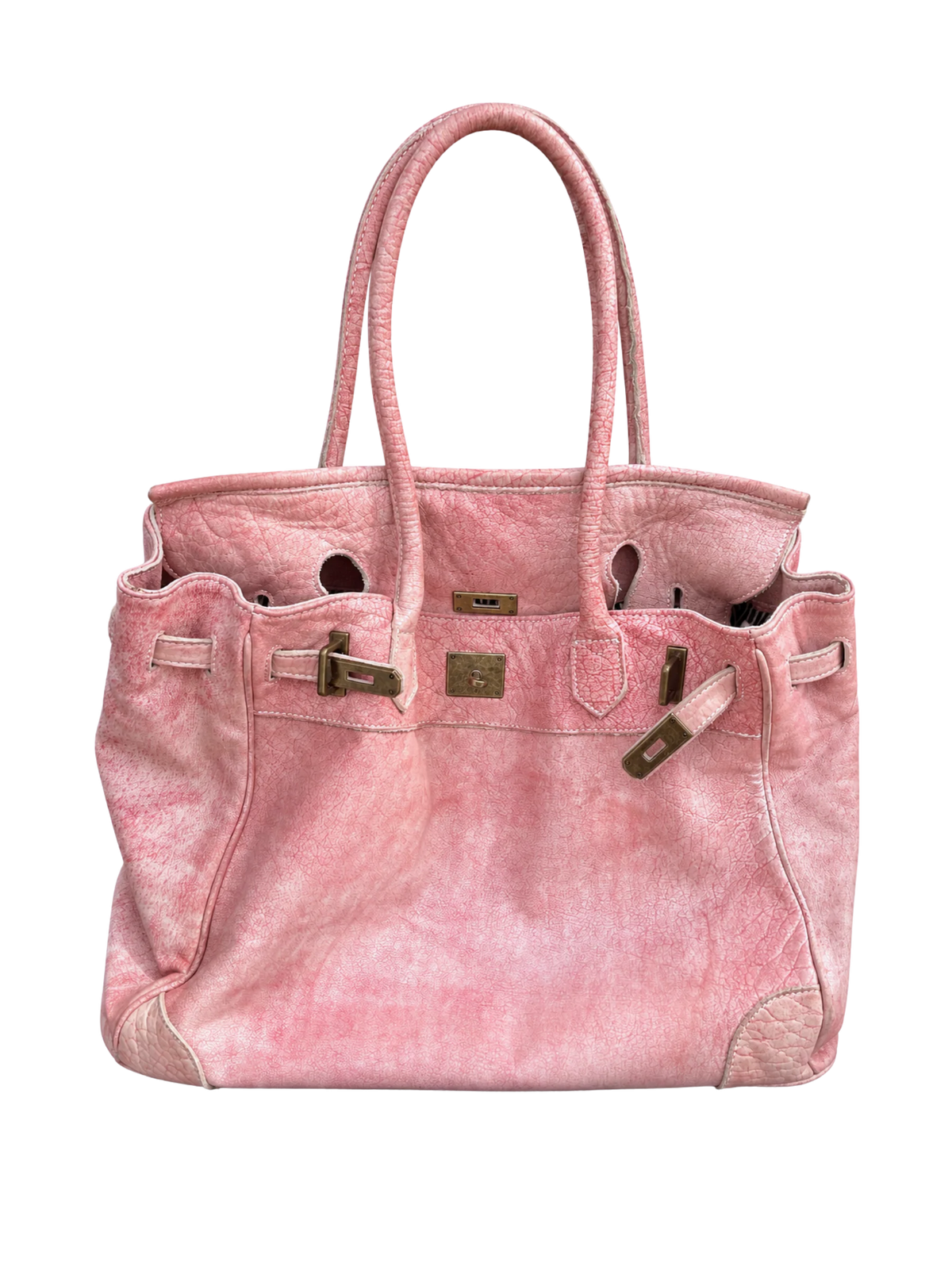 Blossom pink washed leather Firkin bag 40cm with long handles and vintage metal hardware
