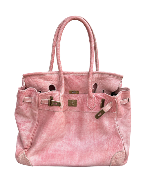 Blossom pink washed leather Firkin bag 40cm with long handles and vintage metal hardware