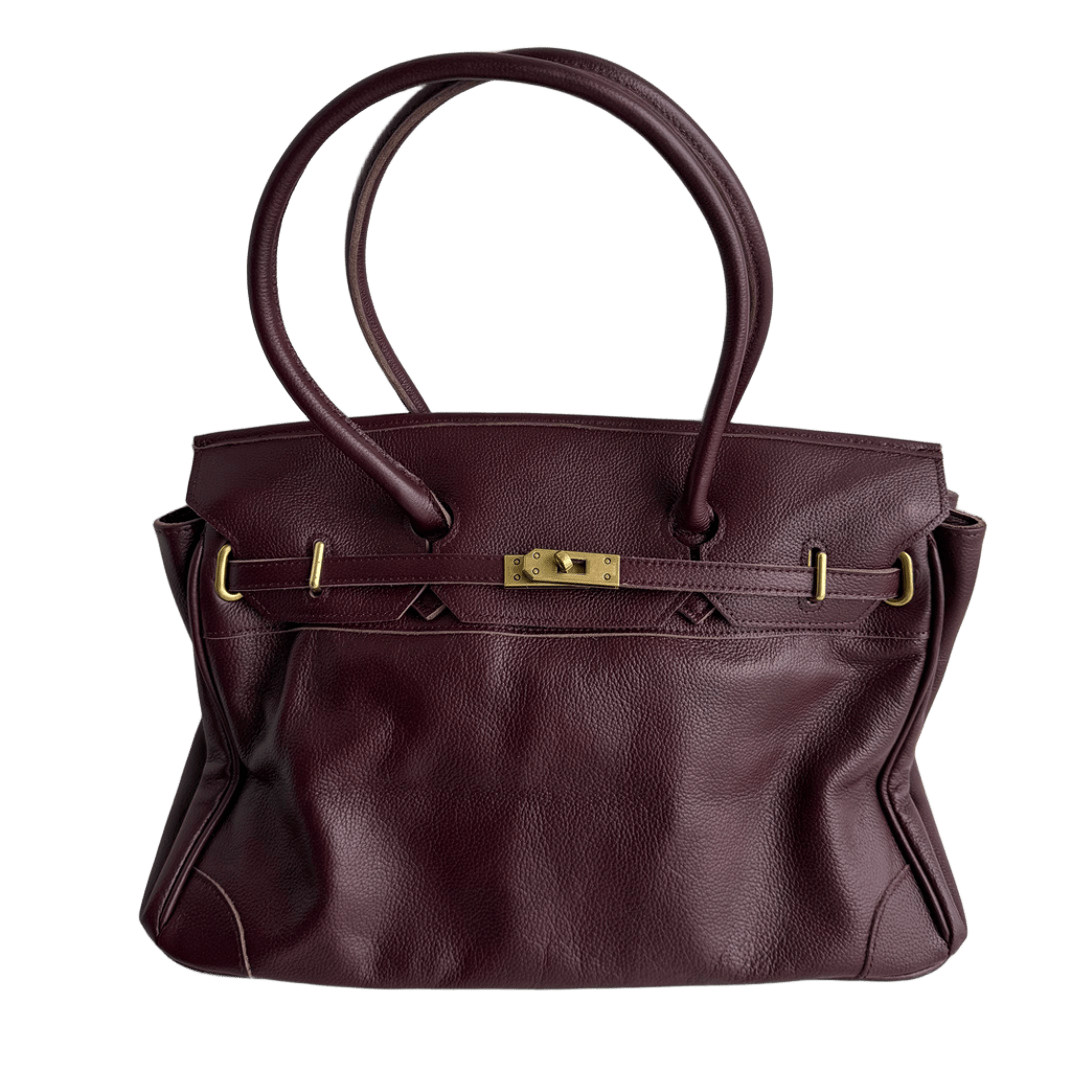 burgundy leather firkin bag front view gold hardware