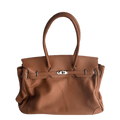 chestnut brown leather firkin bag front view