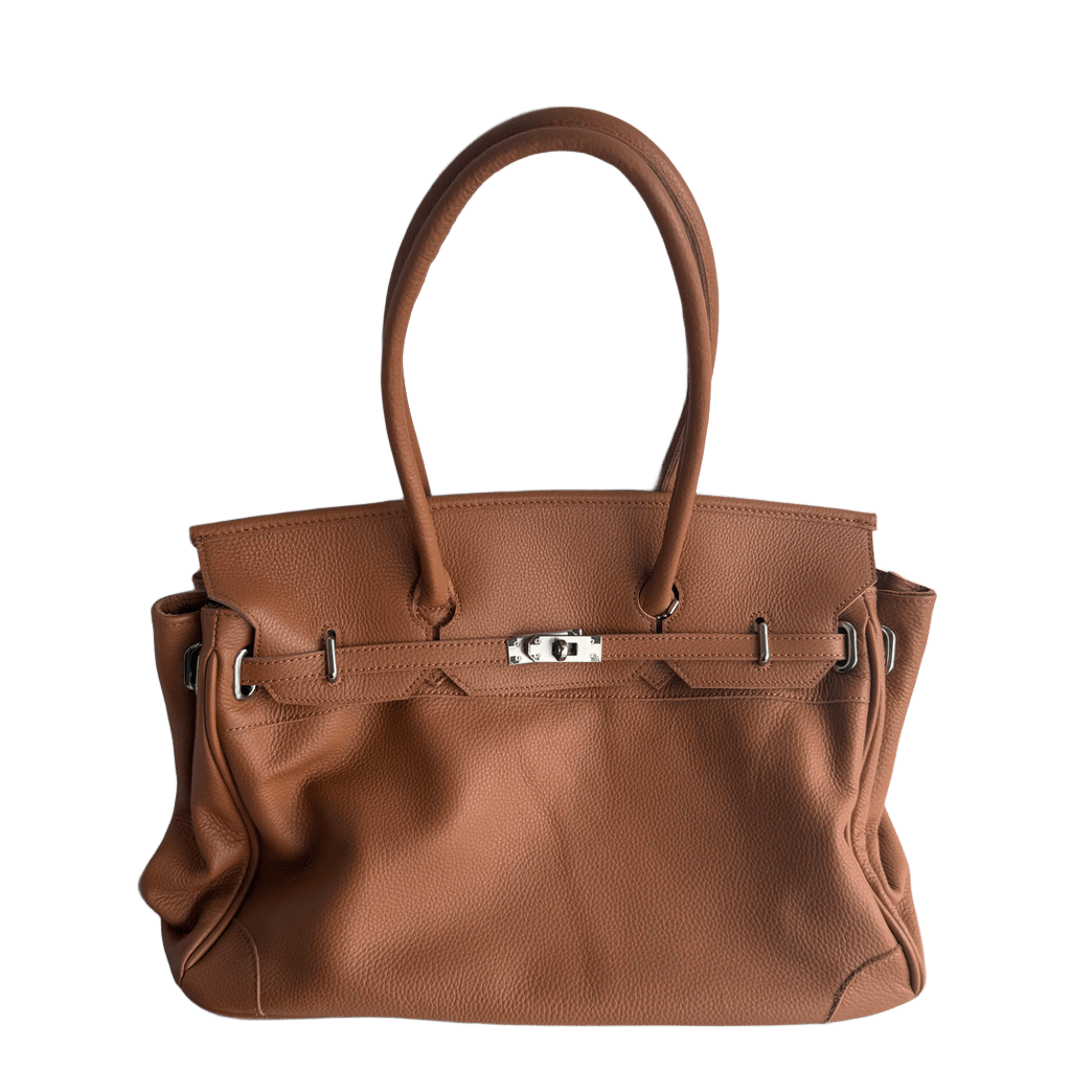 chestnut brown leather firkin bag front view