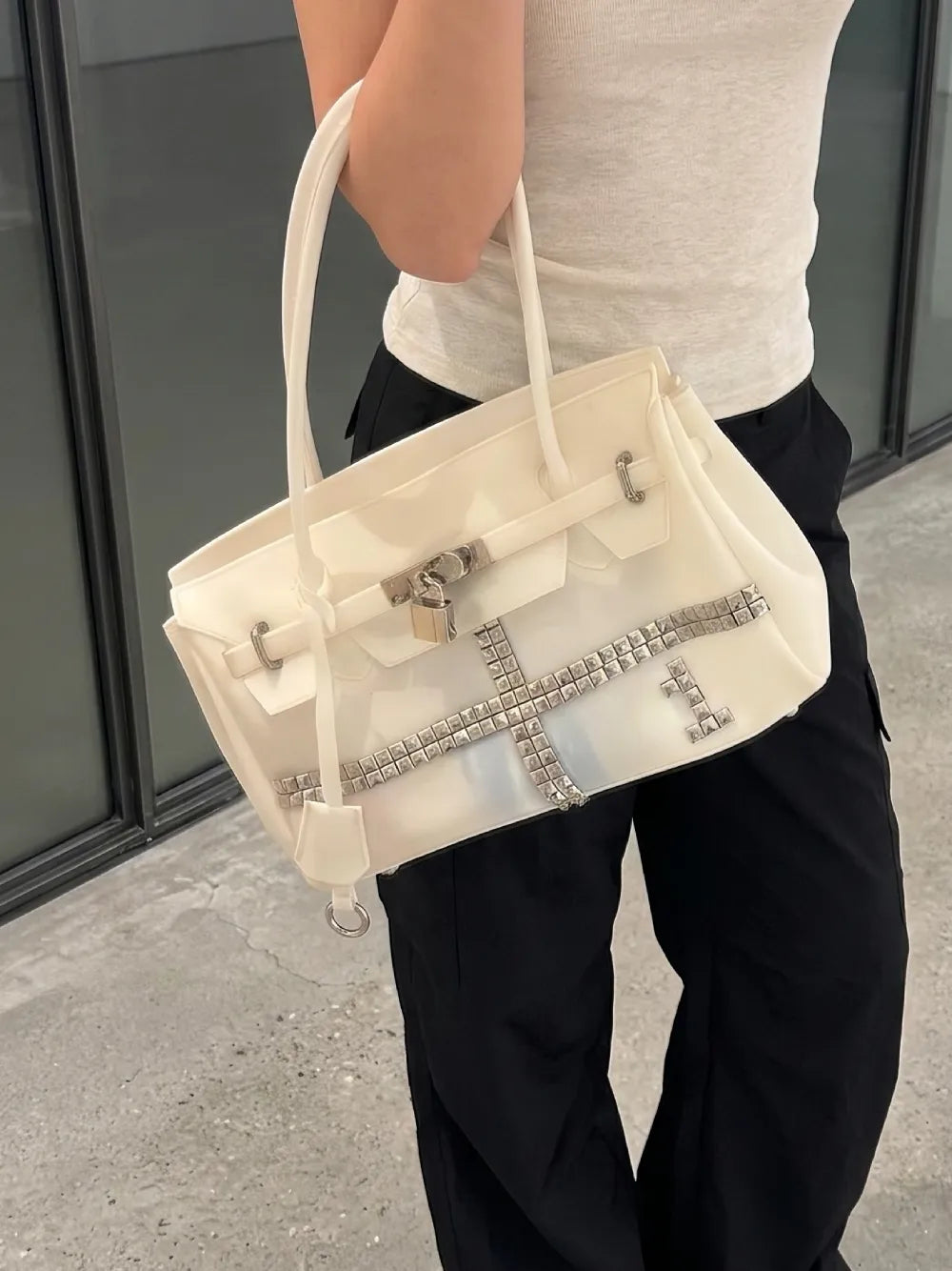 Studded Cross Jelly Firkin Bag – Pearl White