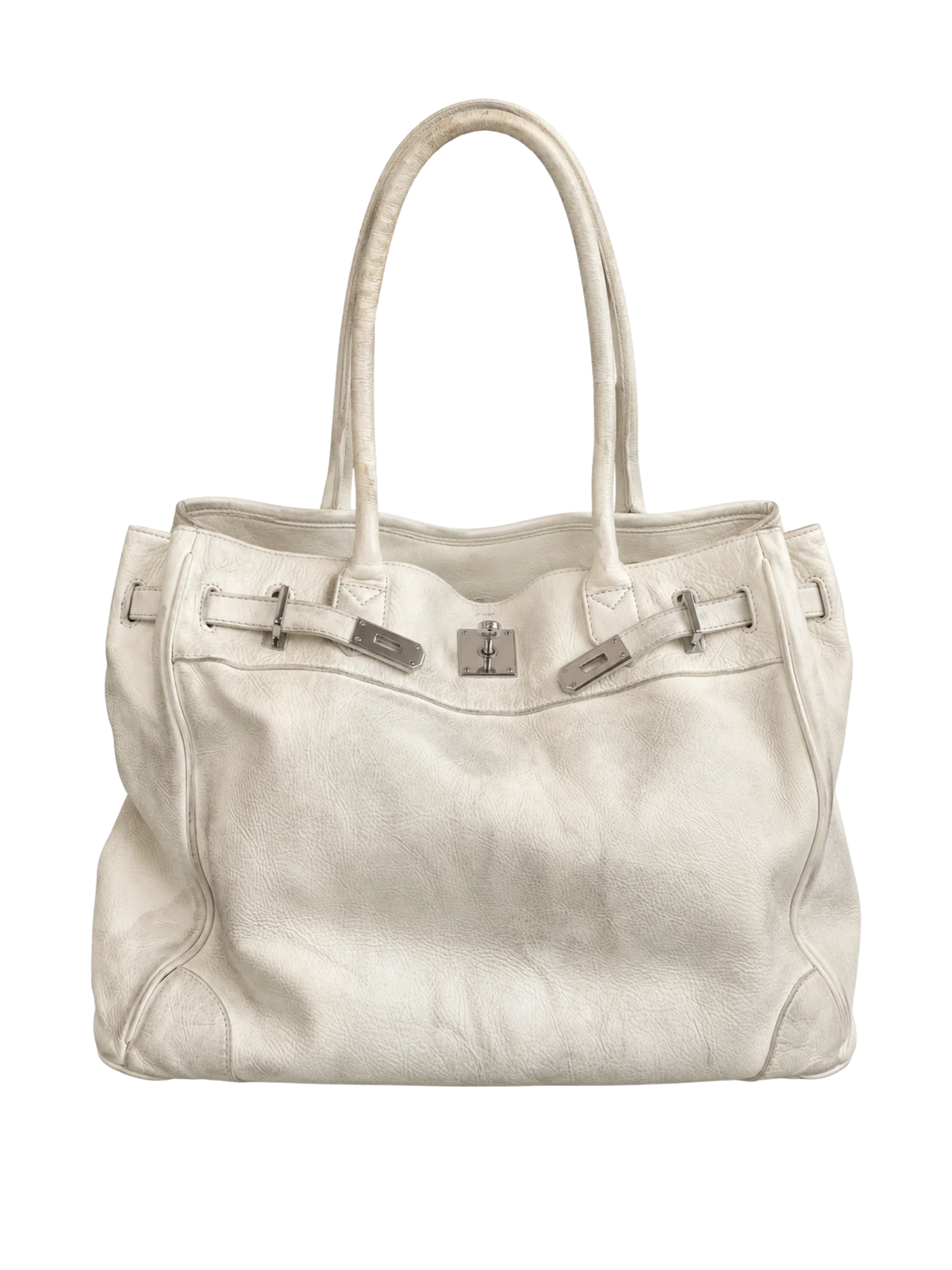 White Leather Firkin Bag 40 with vintage-inspired metal hardware, front view