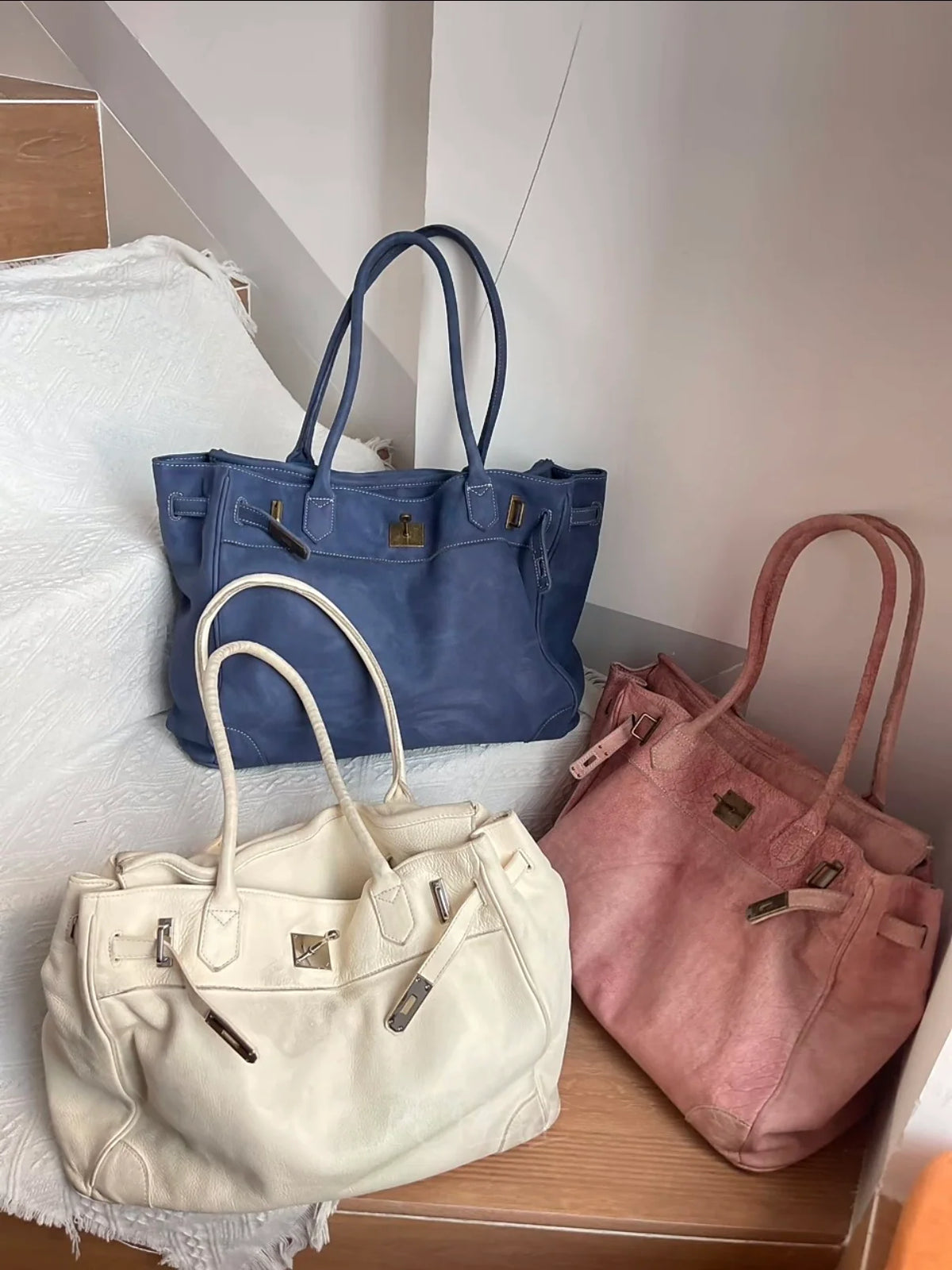 Interior view of the White Leather Firkin Bag 40 showing its available storage space