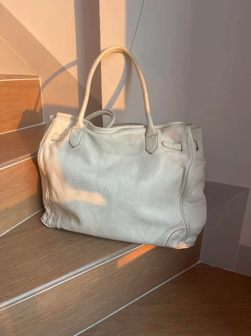 Back view of the White Leather Firkin Bag 40 in white washed leather